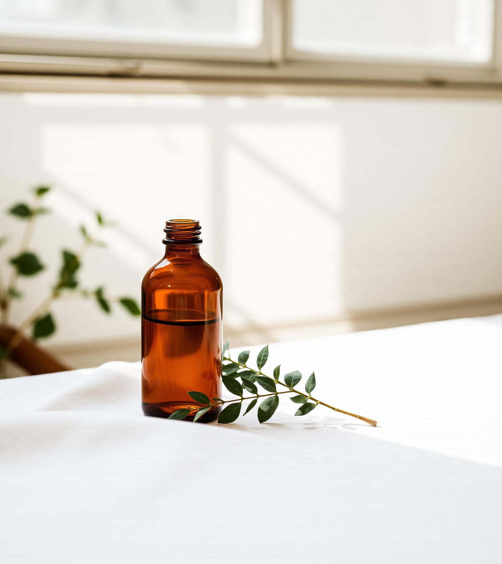 Amber apothecary bottle beside a eucalyptus sprig in soft window light