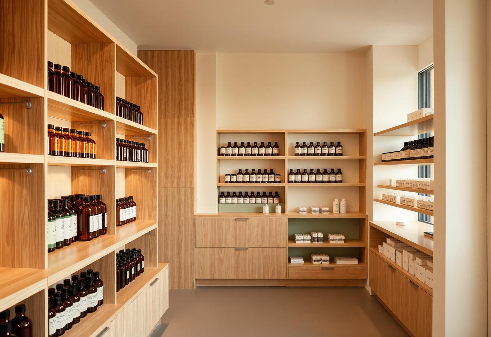 Warm oak shelving and amber bottles inside NuVida Pharmacy